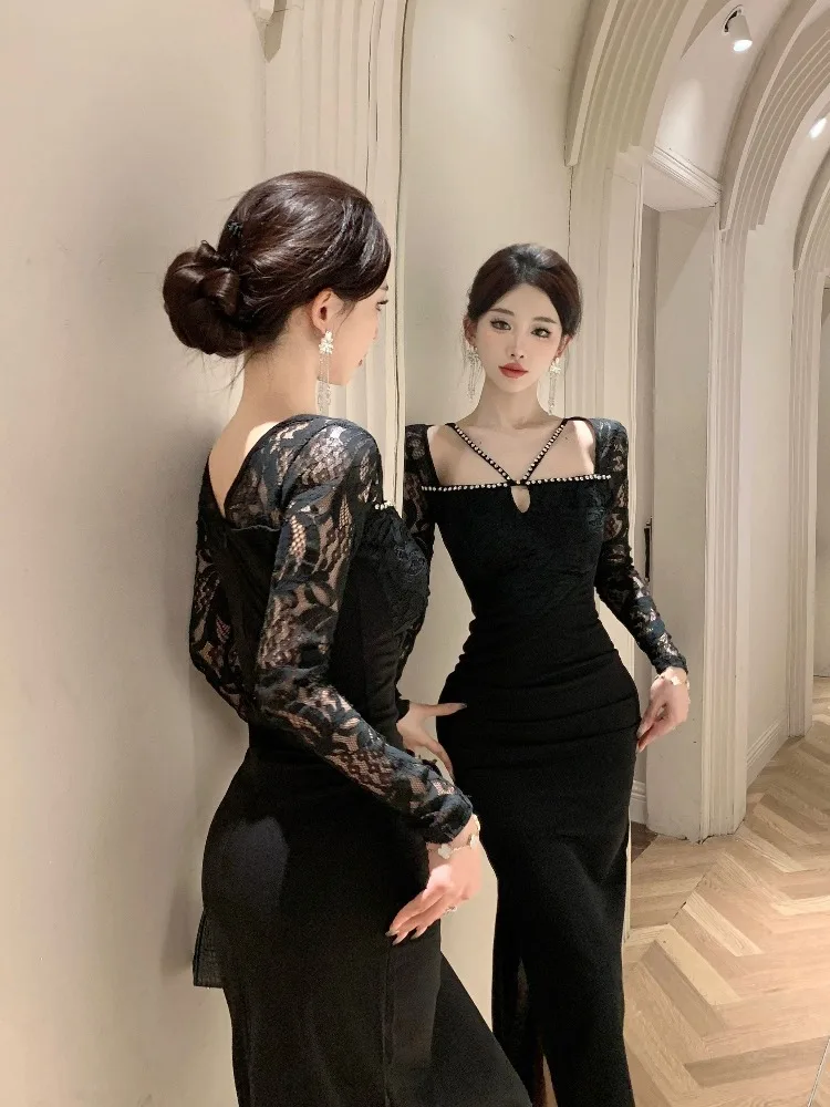 Fashion Women Vintage Square Collar Long Sleeve Midi Party Dress Coffee Break Sexy Lace Perspective Bodycon Skinny Female Dress