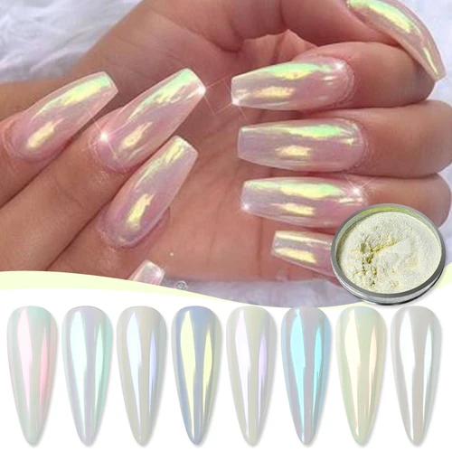 Imagen 2 del producto 1 caja Aurora blanco cromo polvo de uñas espejo brillante pigmentos de perlas brillo de uñas blanco frotar polvo arte de uñas manicura decorar