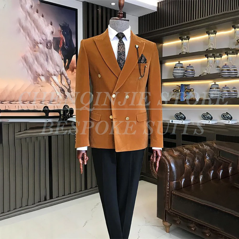 

Stylish Men's Suits Customzied Velvet Blazer With Black Pants 2 Piece Formal Office Work Slim Fit Full Sets Male Clothing
