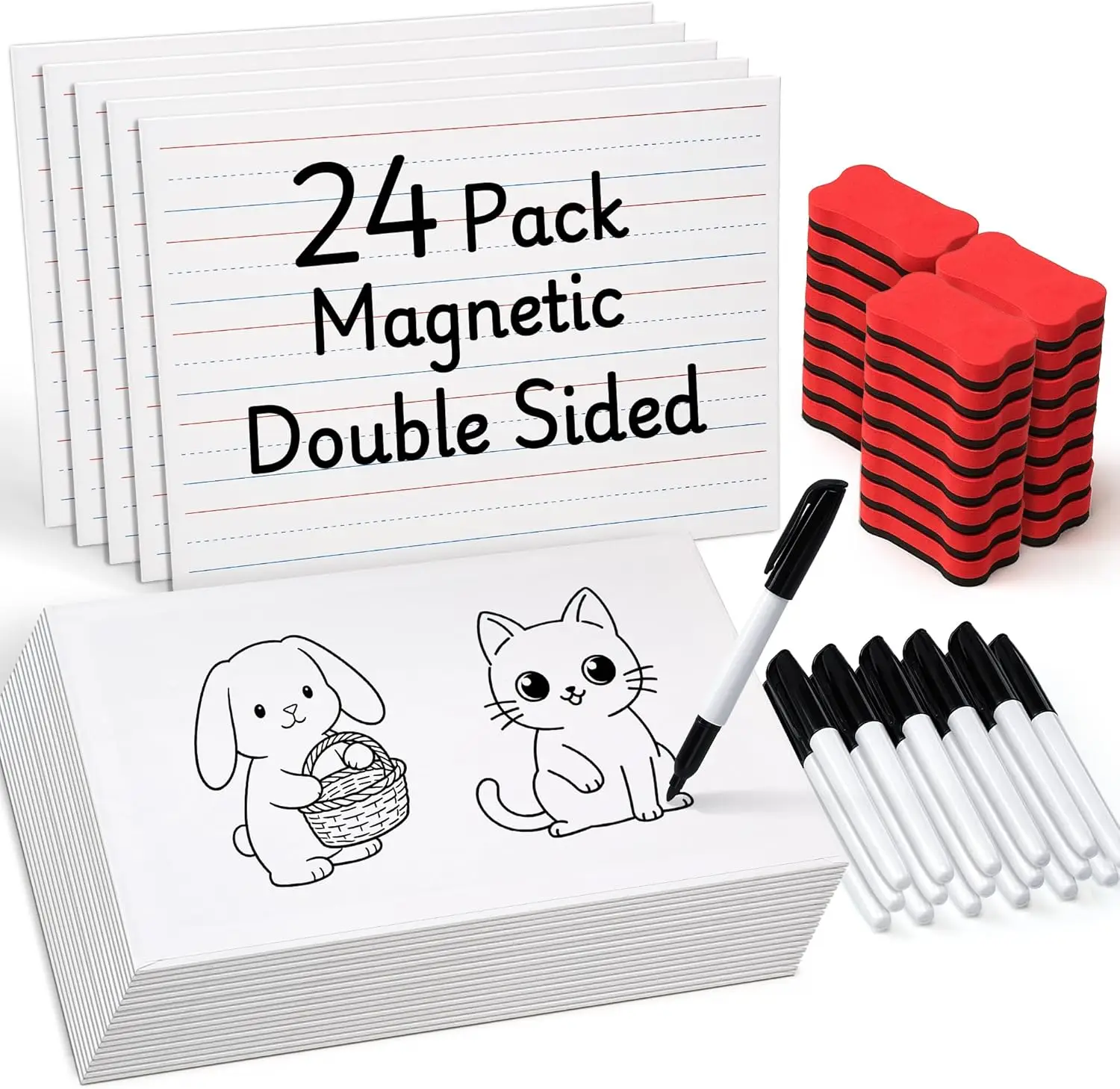 

White Board Dry Erase Double Sided Magnetic Lapboards for Kids, 24 Pack Small Lined Whiteboard Set with Markers and Erasers