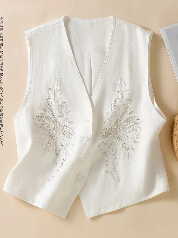 Unique Beautiful Embroidered Cotton Linen Hollow out Beaded Vest Women Summer Casual Loose Fit V-Neck Light Weight Top