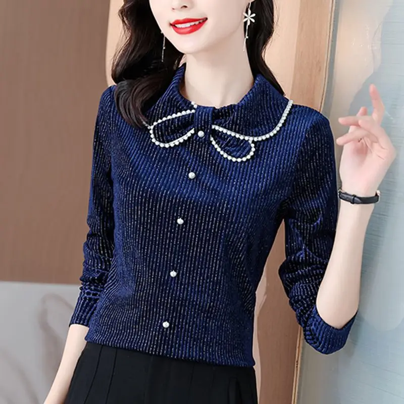 Herbst und Winter Frauen Pullover Bogen schlanke Revers Langarm Knopf gestreiften Streifen solide elegante Mode lässig Pendler Tops