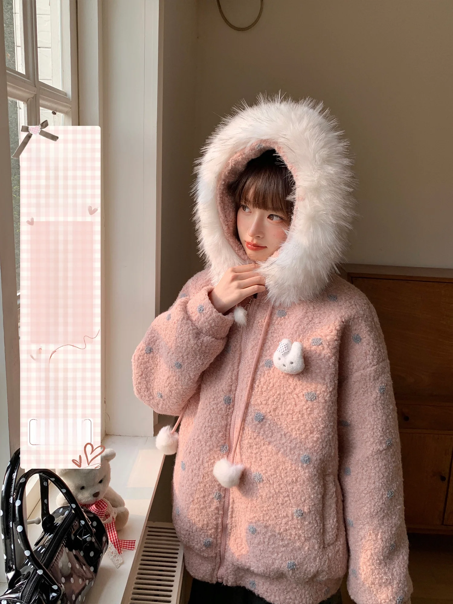

BibiBency Spring 2026 New Year Sweet Style Pink Grey Rabbit Polka Dot Furry Coat Women's Short Outerwear Warmth Standard Fit