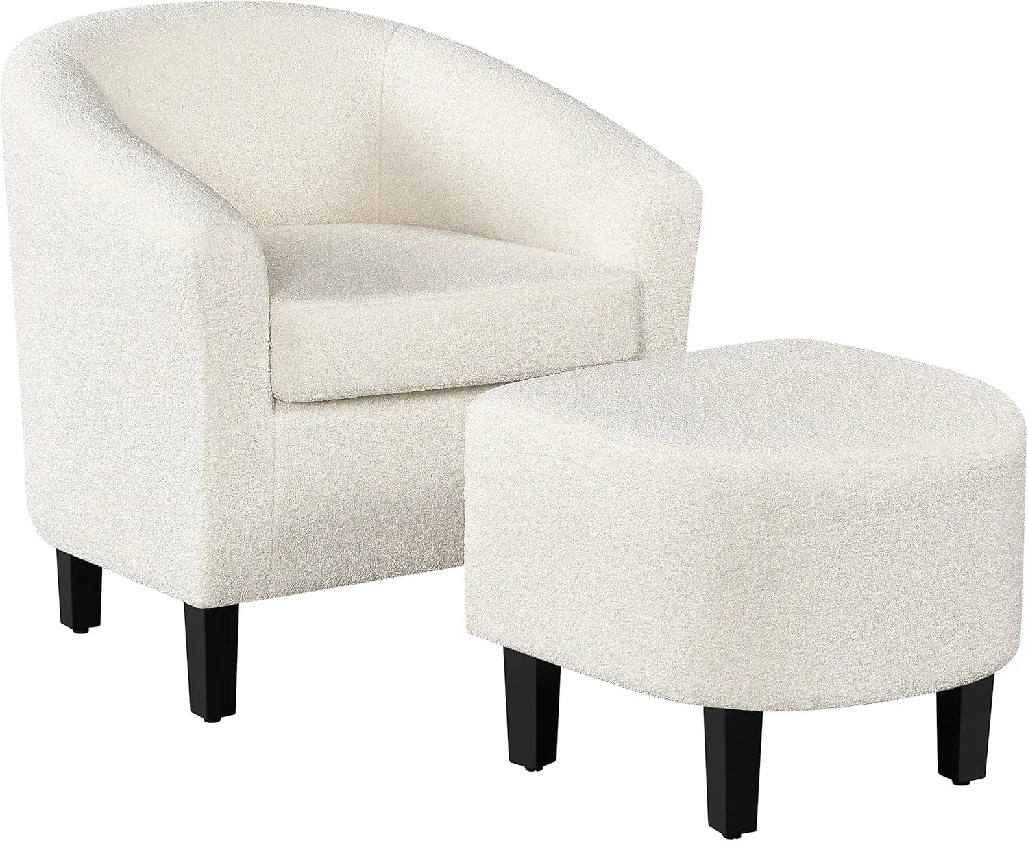 Accent Chair and Ottoman Set, Modern Fuzzy Sherpa Barrel Chair and Footrest, Comfy Boucle Armchair and Footstool