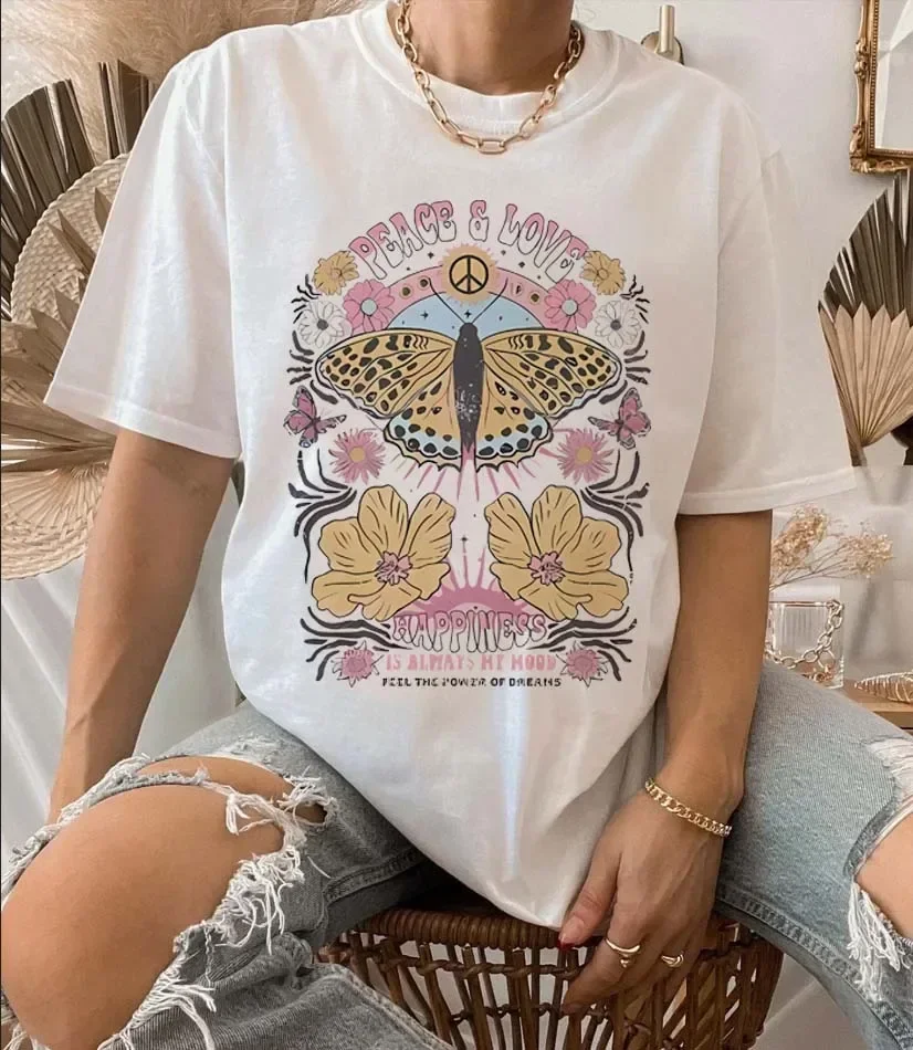 

Short Sleeved O-Neck T-Shirt For Women's Peace and Love Butterfly Pattern Basic T-Shirt Printed Casual Top Fashion Trend T-Shirt