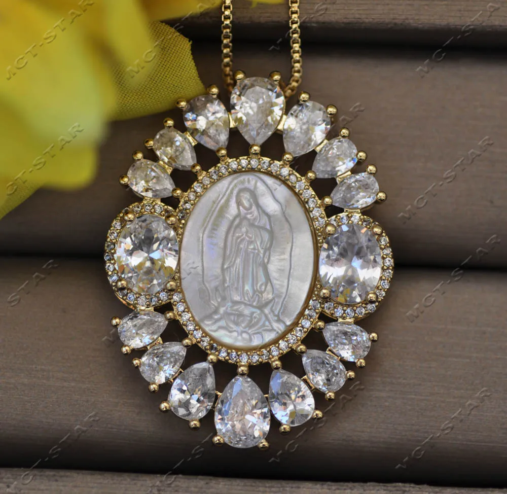 

Z13111 40mm Shell pearl micro pave Virgin Mary Chain Pendant religious style CZ