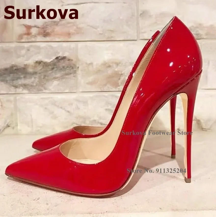 Surkova 12 cm talon haut coupe peu profonde robe pompes rose vif rouge en cuir verni chaussures de mariage bout pointu taille 45 talons de fête 10 cm 8 cm