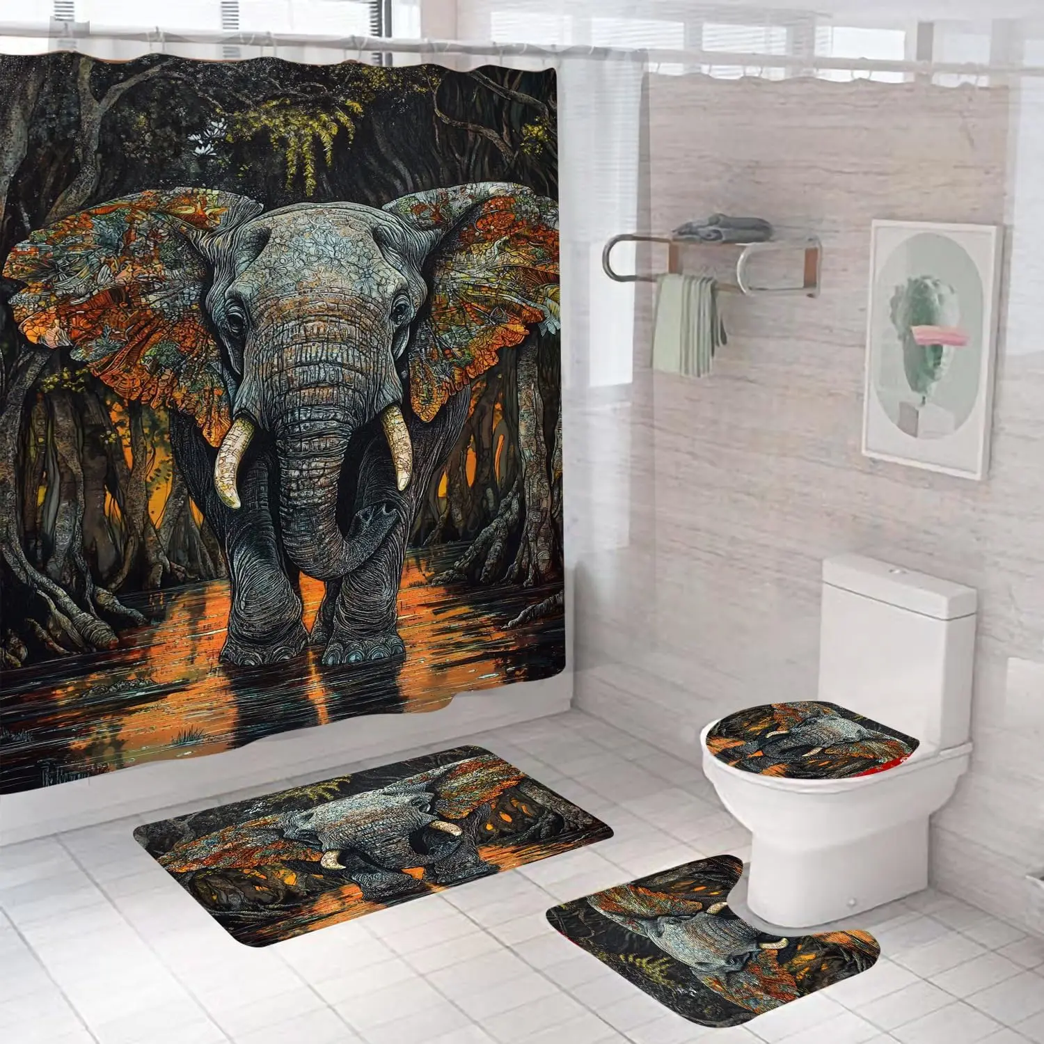 

4PCS Elephant Shower Curtain Sets with Rugs, Colorful Art Elephant Bathroom Shower Curtian, Bath Mat Art Printing Shower