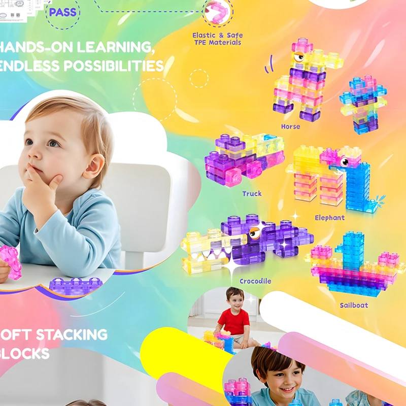 Squishy Jelly Building Blocks Soft Stretchy Sensory Toys Set Squeezable & Stretchable Construction Playset Puzzle Blocks view 4