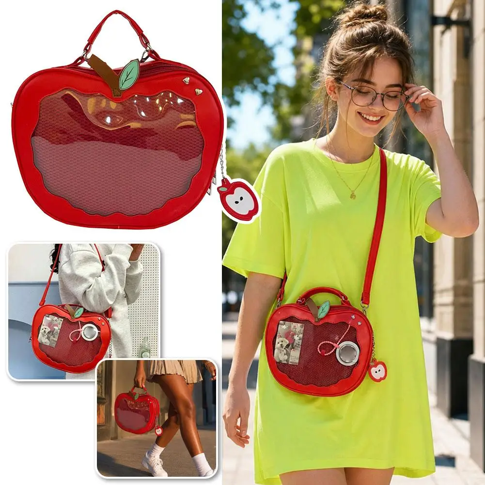 Apple Shaped Transparent Casual Backpack Women Mini Round Crossbody Bag Handbag Cute Kawaii Shoulder Handbag Detachable Strap