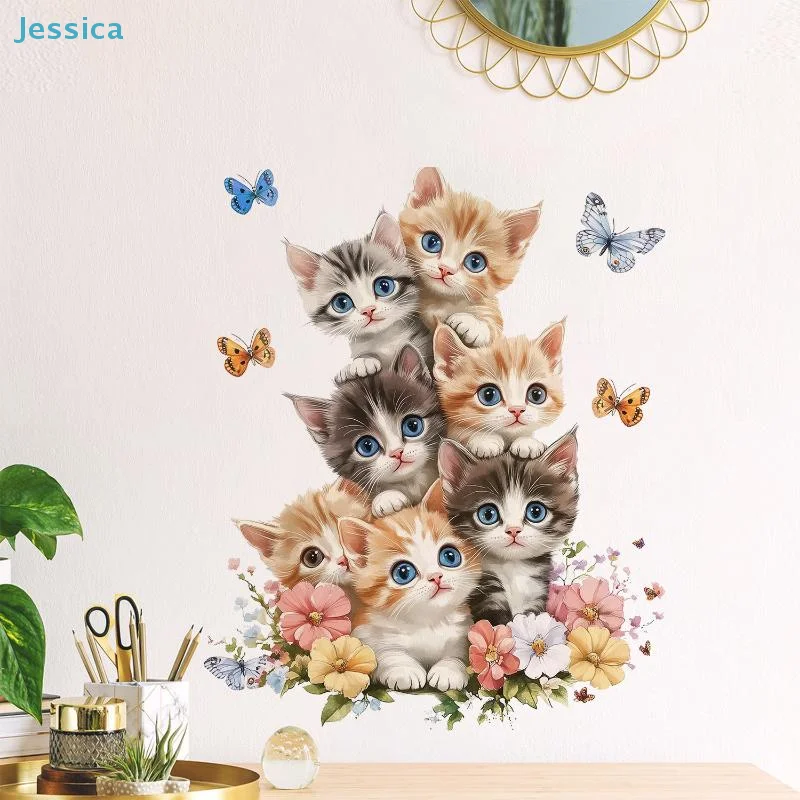 〔Jessica〕Niedliche Wandaufkleber mit gestapelten Kätzchen – selbstklebende Tierkunst-Aufkleber für Schlafzimmer, Wohnzimmer und Klassenzimmer