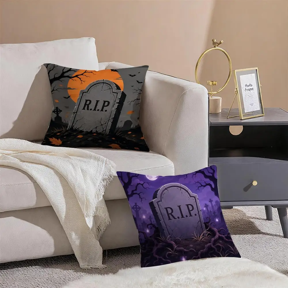 H-Halloween Tombstone Cushion Cover Throw Pillow Cover Hidden Button Durable Polyester Chair Cushion