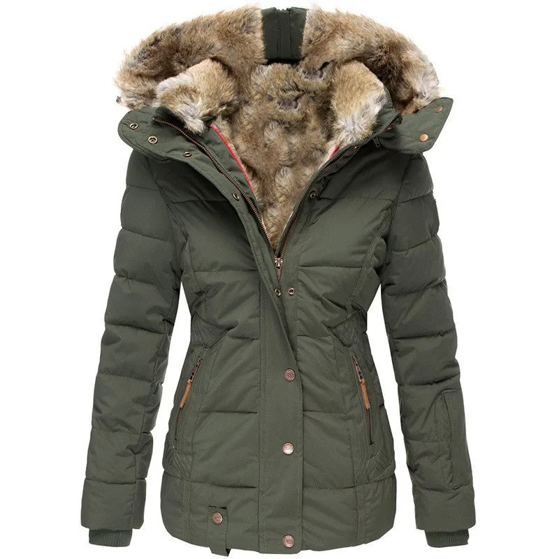 Inverno nova moda feminina cor sólida magro casual na moda gola de pele com capuz simples básico acolchoado casacos roupas femininas parkas