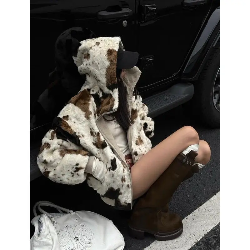 Double-Sided Cow Pattern Patchwork Furry Thick Coat for Women Autumn and Winter Vintage Furry Top