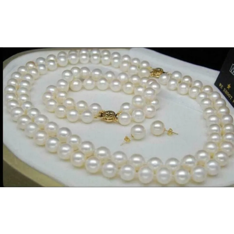 2 Rows AAA + 9-8mm White Natural AKOYA Pearl Bracelet + Earrings + Necklace Women's Set 17 18 Inches 14K