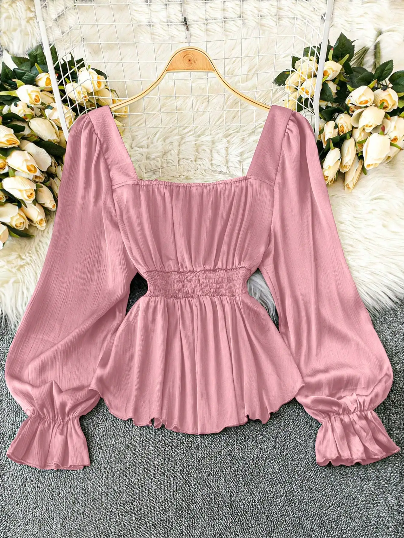 Pink Long Sleeve Chiffon Top for Women Vintage Square Collar Drawstring Design Unique Stylish Small Shirt Suitable for Dating An