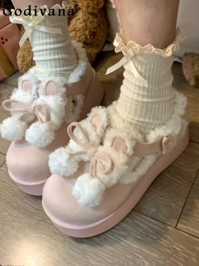 

2025 New Japanese Original Lolita Winter Thick-Soled Platform Shoes with Fleece Lining Warm Sweet Cute Versatile Mary Jane Shoes