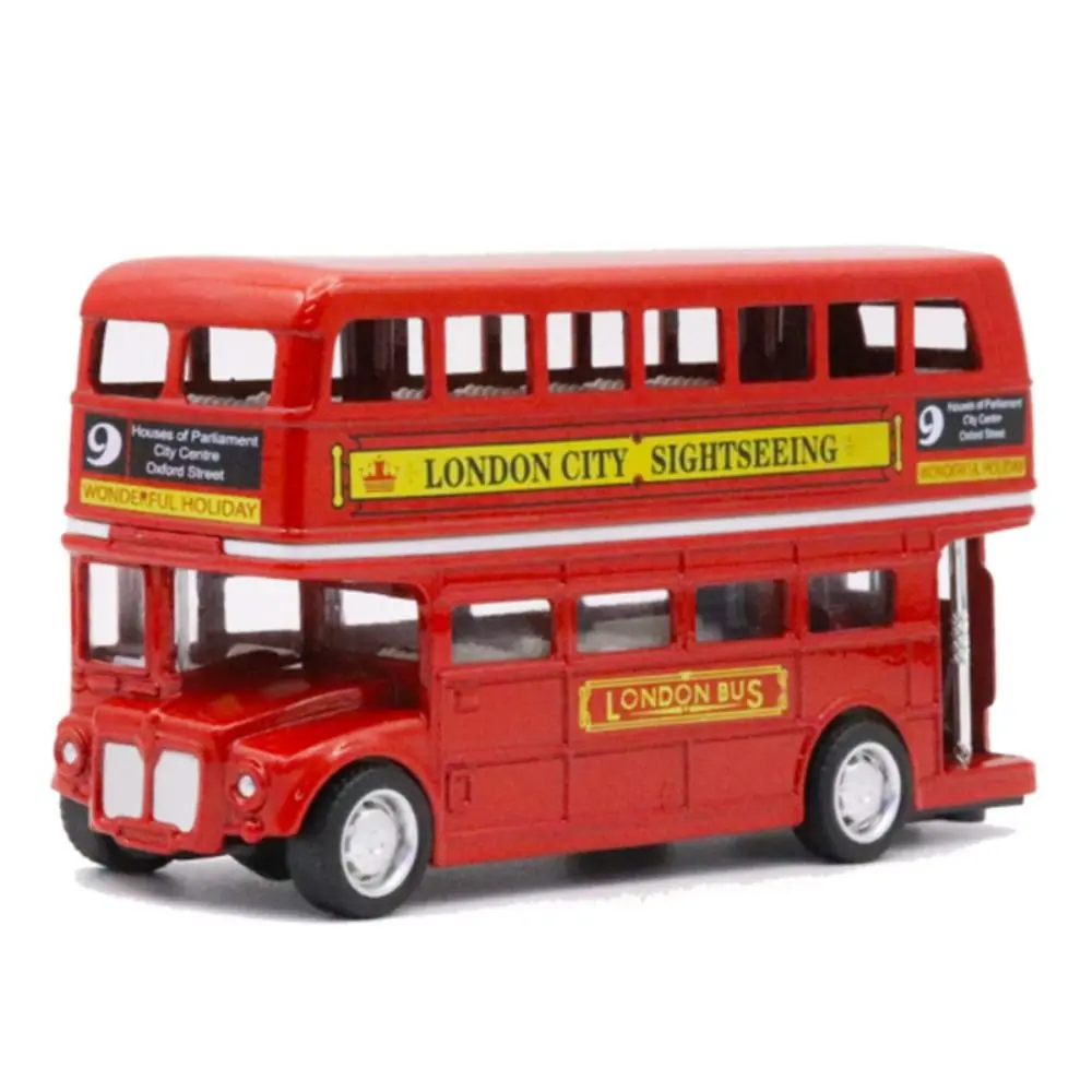 Decorazione per auto Bus a due piani Modello di auto Britannico Europa Diecast Modello di autobus da viaggio Lega Vintage Tirare indietro Veicolo Giocattolo per bambini