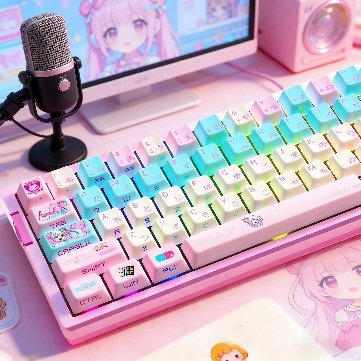 Streamer Girl Theme PBT Side-Printed Shine-Through Keycaps Cherry Profile 74/129 Keys Sweet Cool Style for Mechanical Keyboard