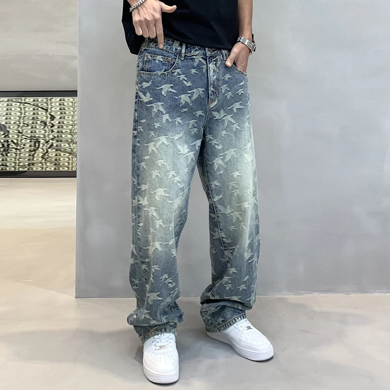 Hip Hop Jeans Men's Ins Korean Style Sense of Design Loose Straight Washed Fashion Street Casual Cool Wide Leg Trousers