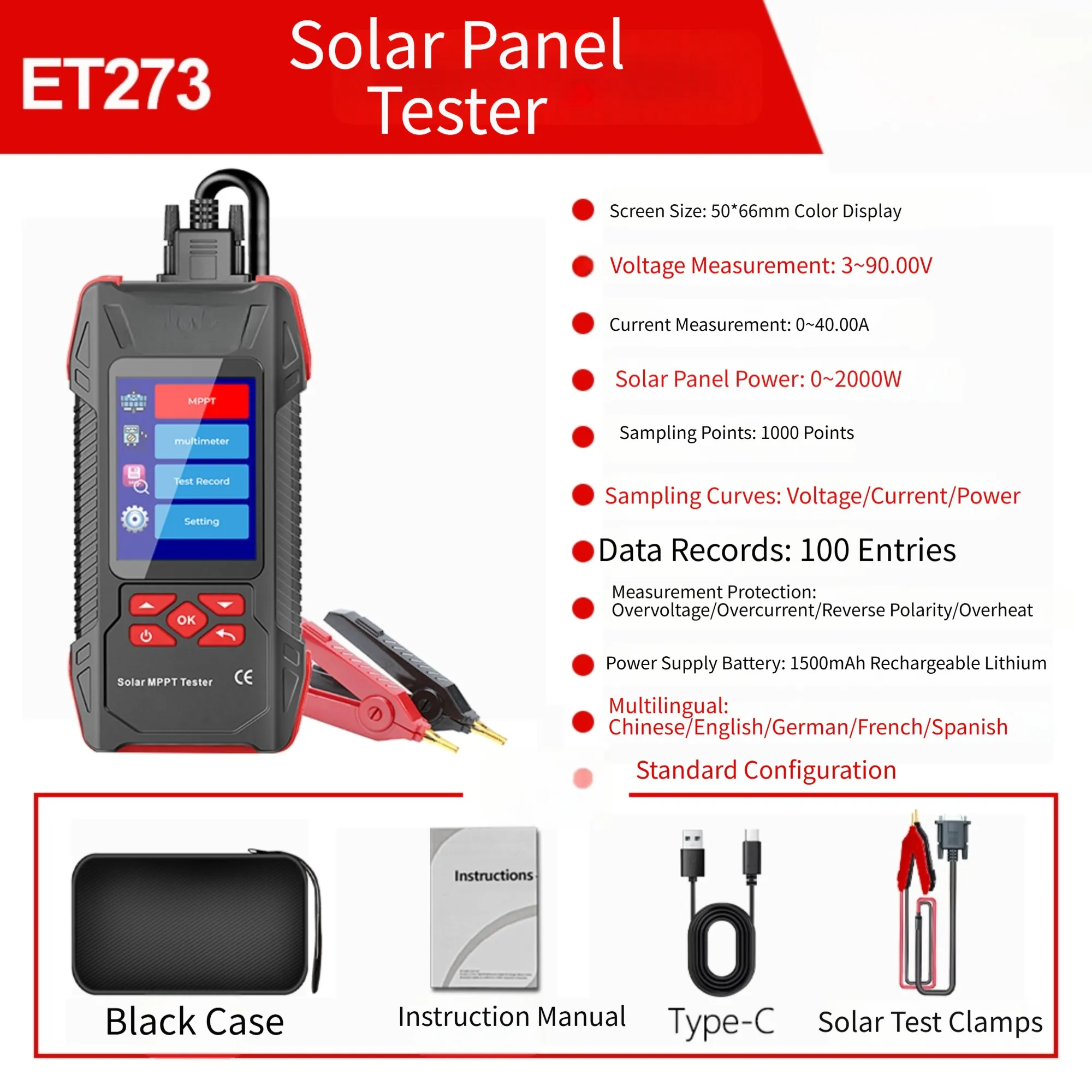 ET273 For Solar For MPPT Tester 2000W for Photovoltaic Installers 3.2 inch 240x320 Screen ET275 60000 Count Digital Multimeter