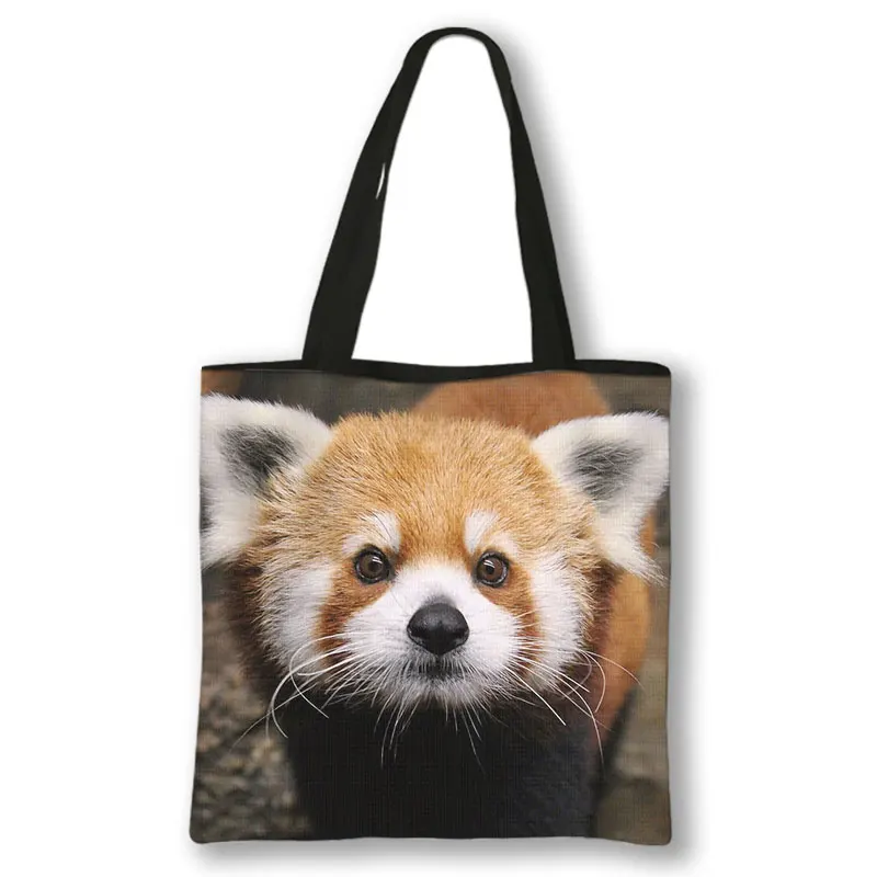 Panda Vermelho bonito Bolsa de Ombro Impressão Lona Kawaii Animais Sacos de Compras Grande Capacidade Senhoras Totes Saco Reutilizável Sacos Shopper Presente