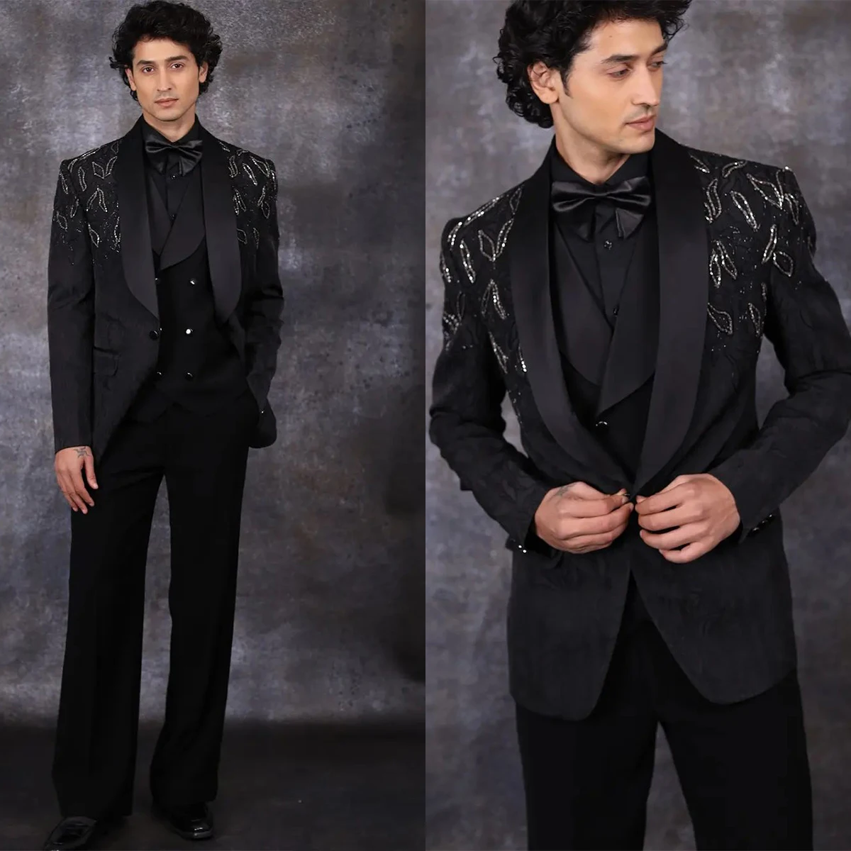 Handsome Men Suits Tuxedo Shawl Lapel Shining Appliques One Button Customized 3 Pieces Blazer Vest Pants Tailored Fashion Groom