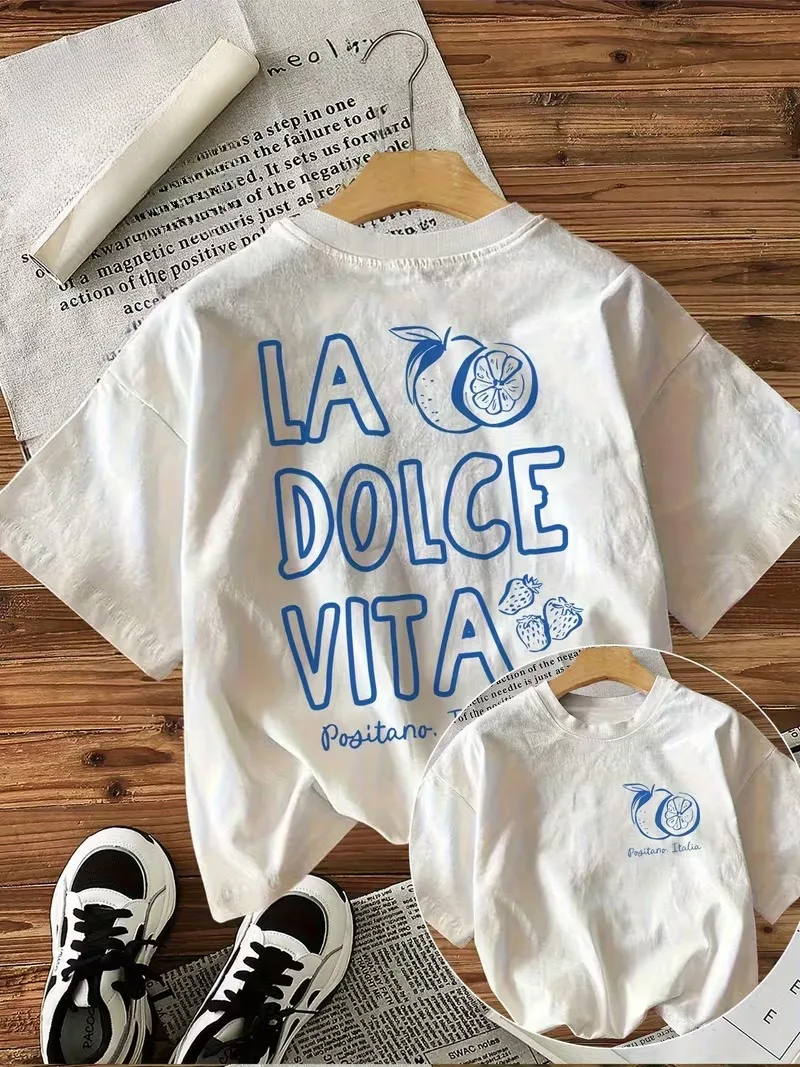 Camiseta con estampado de cítricos La Dolce Vita, camisetas de manga corta con gráfico de Positano Italia de doble cara, ropa informal holgada para mujer, camiseta de uso diario