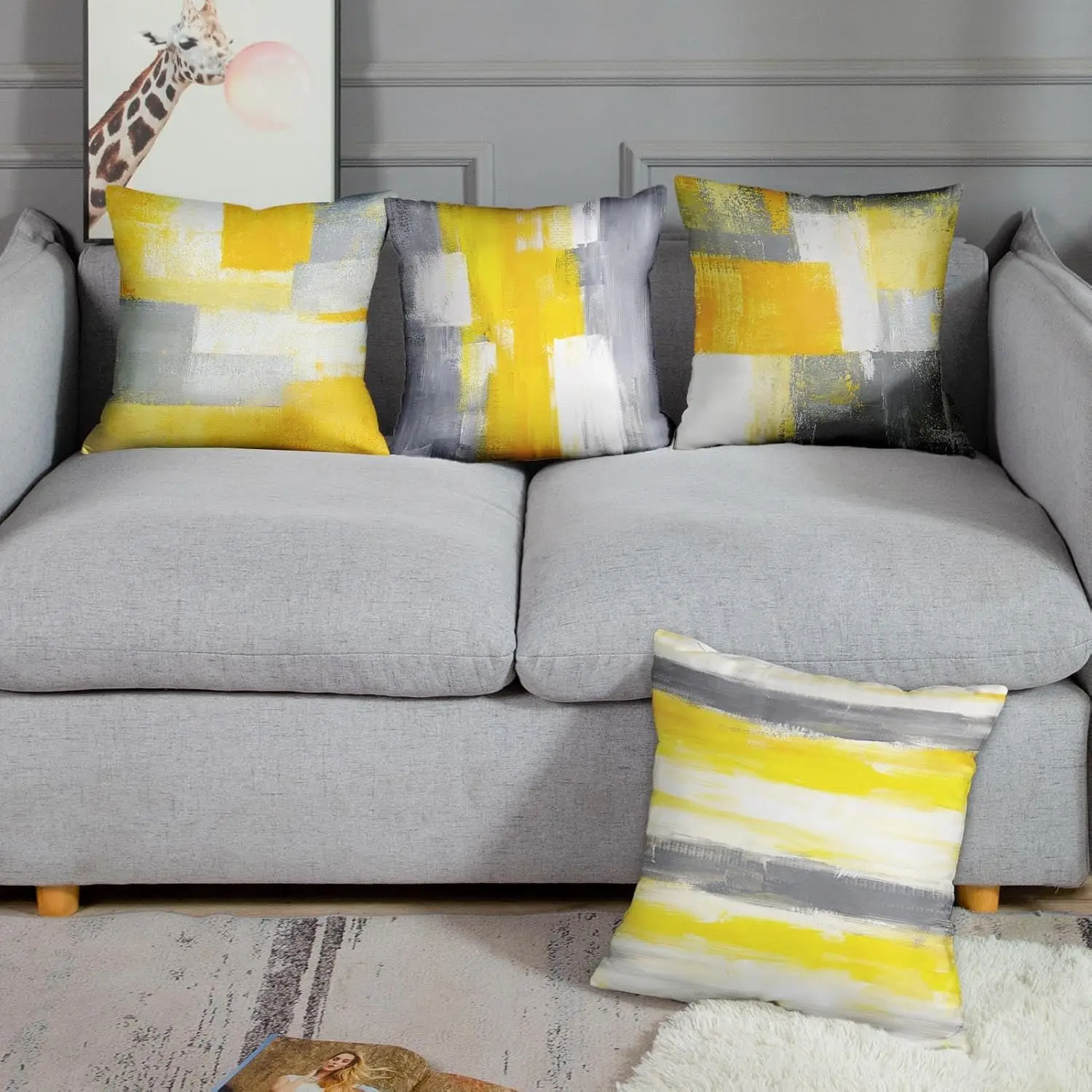 Double Sided Throw Pillow Covers Set Of 4, Abstract Yellow Painting Cushion Cases For Couch Bed Sofa Living Room Home Decor