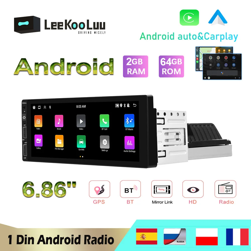 LeeKooLuu 1 Din 6.86 Android 13.0 autoradio lettore multimediale Stereo 2G + 64G navigazione GPS Bluetooth WIFI Carplay Android Auto