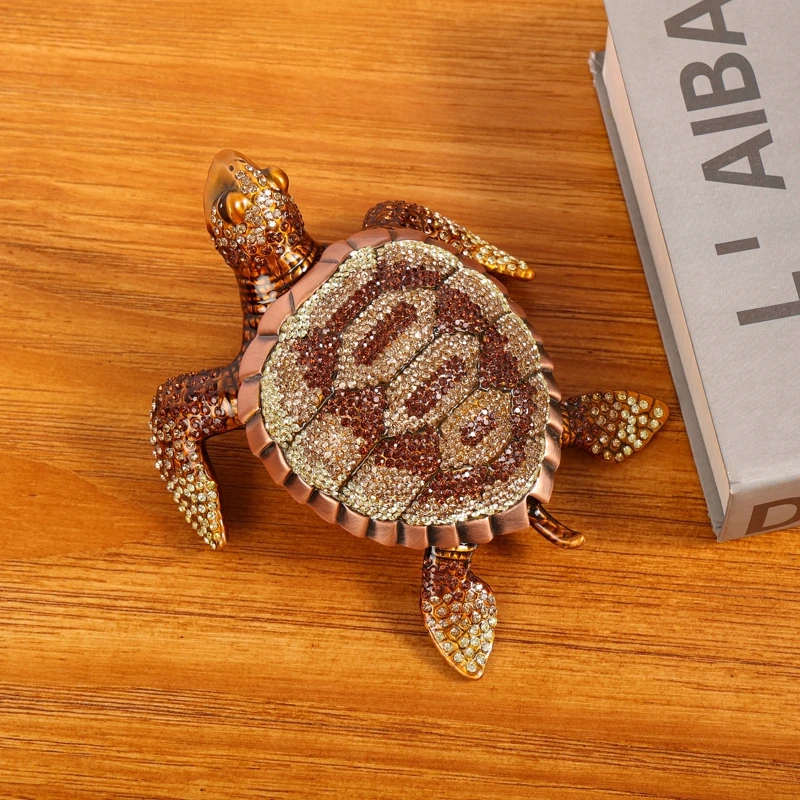 SHINNYGIFTS Hand Painted Enameled Turtle Trinket Box with Crystal Unique Decorative Hinged Jewelry Box Ring Holder