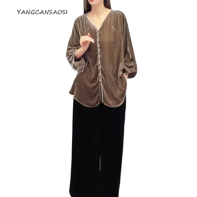 Women's Fashion Clothing Advanced Tea Brown 30% Natural Mulberry Silk Velvet V-neck Raglan Sleeves Loose Pearl Button Shirt