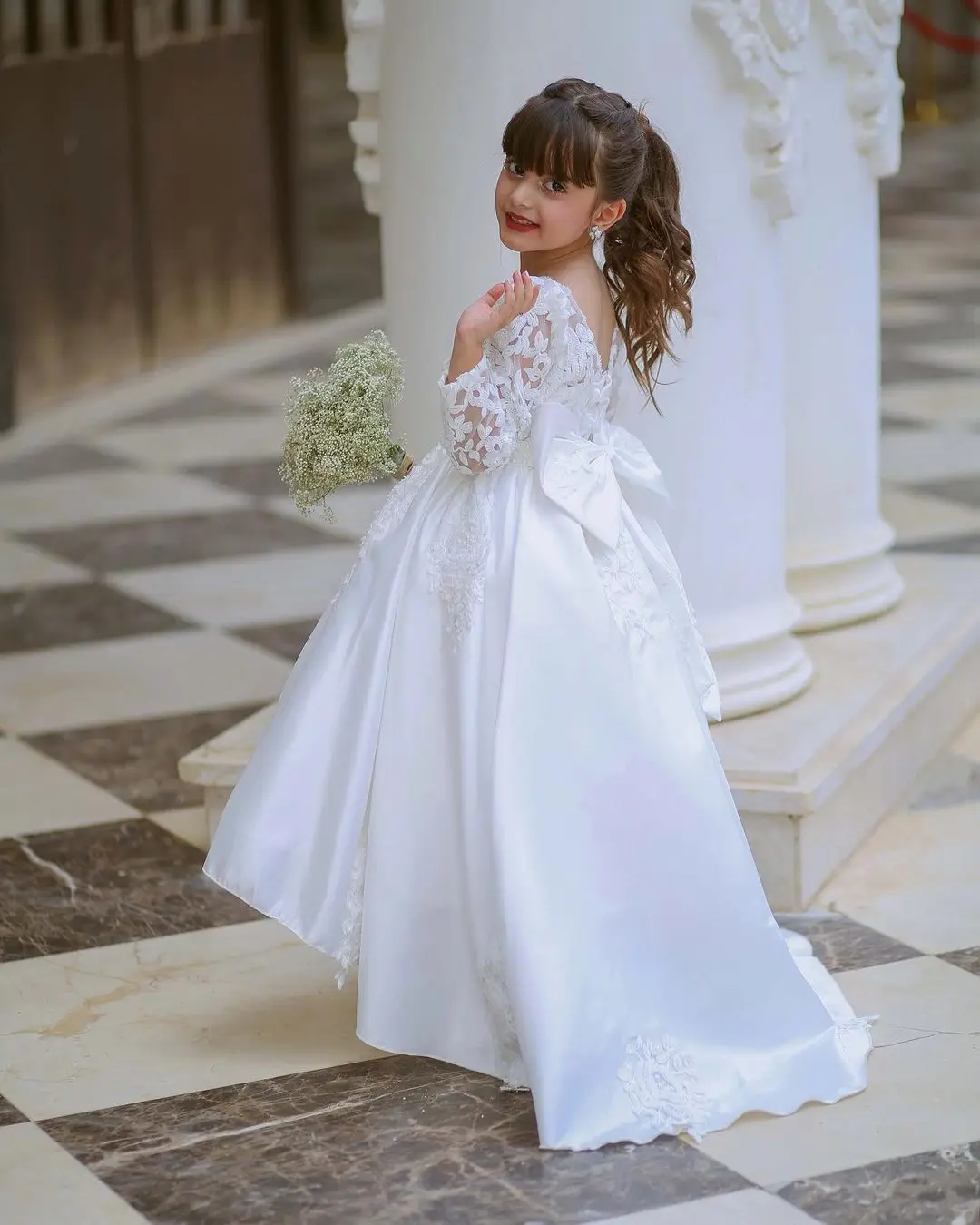 Vestido blanco de flores con apliques para niña, vestido de boda de manga larga de satén con lazo, vestido de princesa para cumpleaños, vestidos de primera comunión