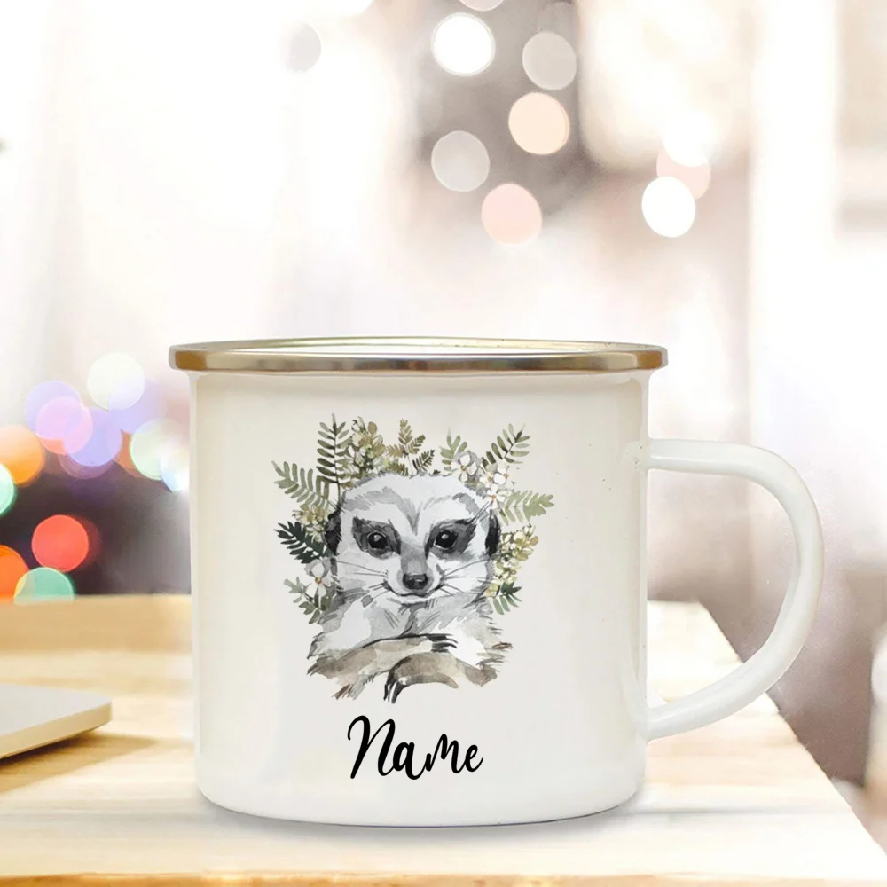 Personalised Name Animal Print Coffee Cup for Women Gift Custom Camping Mug Cute Deer Lion with Name Enamel Gifts for Kid