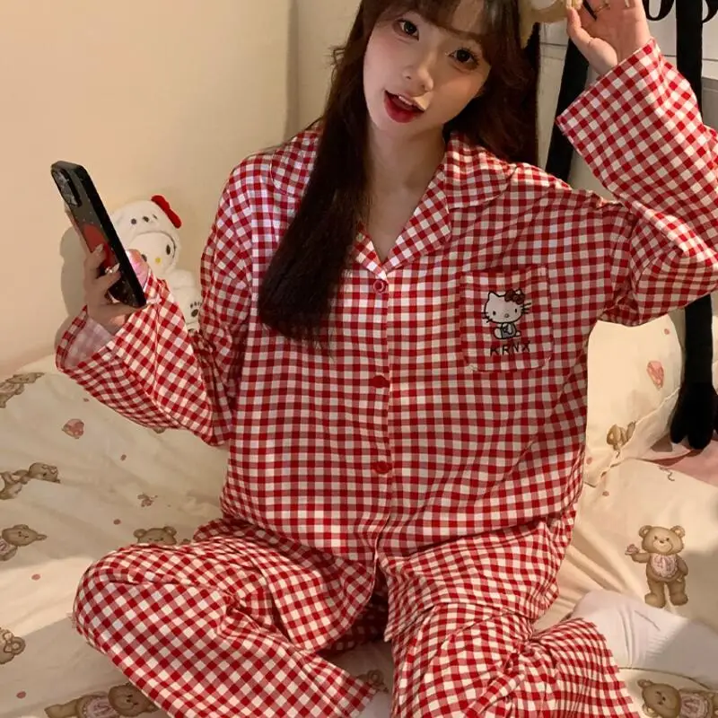 

Женские пижамы Kawaii Anime Hello Kitty Sanrios, милые стильные брюки с длинными рукавами в мультяшном стиле, подходят для женской домашней одежды