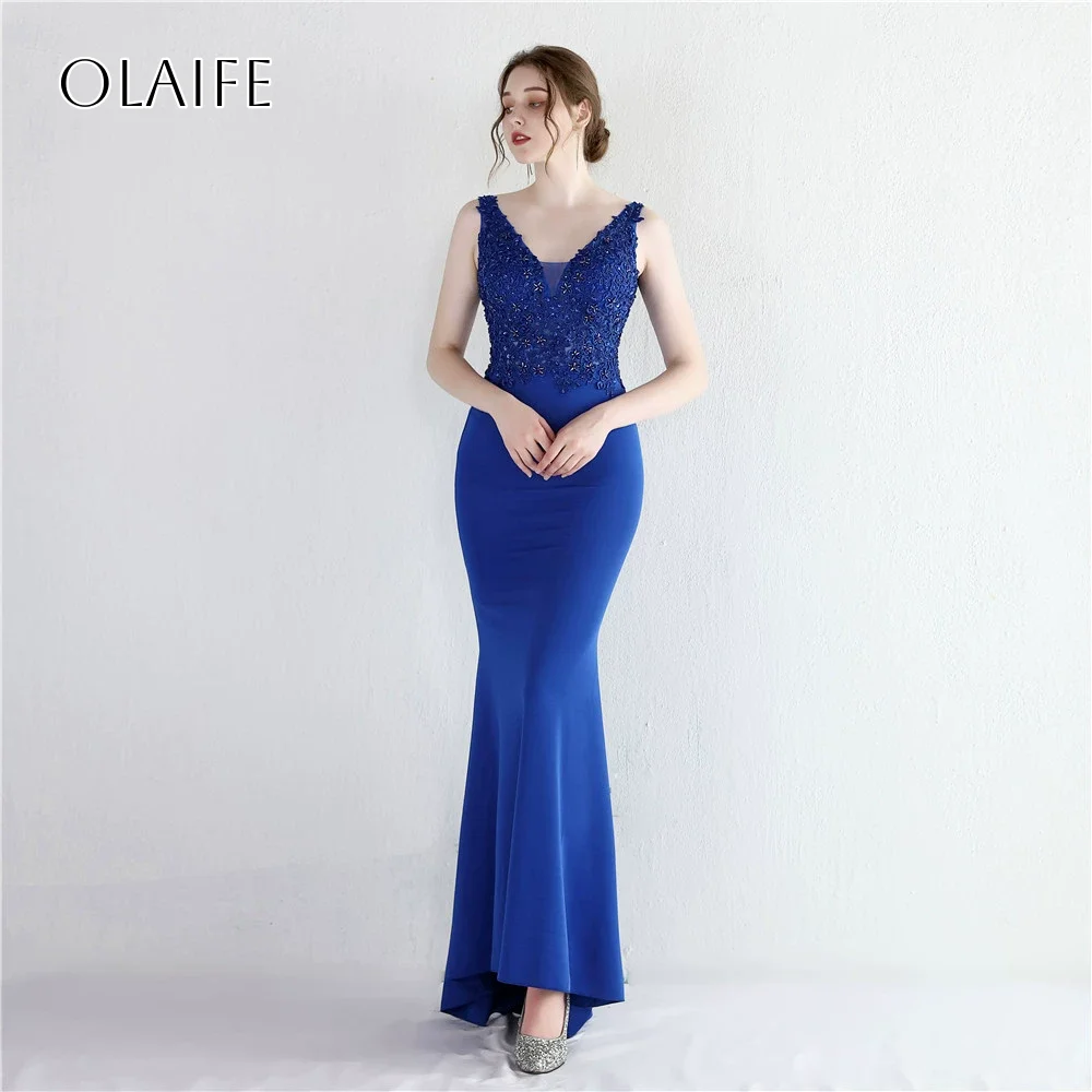 Com decote em v apliques frisado sem mangas cetim vestidos de noite longos personalizados vestidos de fiesta elegantes