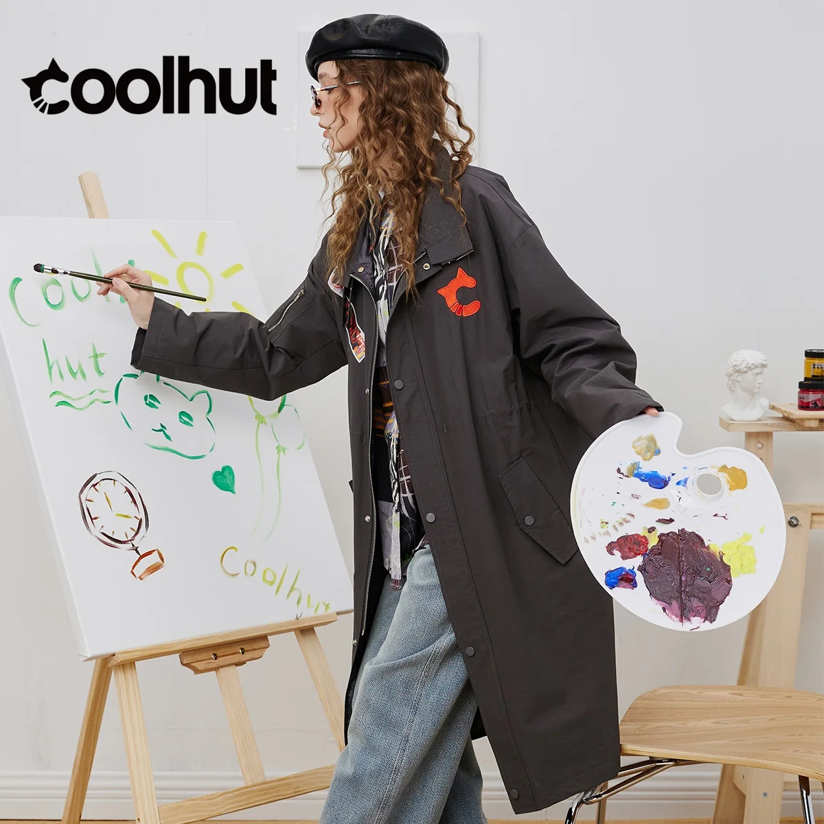 COOLHUT 여성용 2025 아메리칸 칼리지 스타일 트렌치 코트 중간 길이 루즈핏 레터 포켓 더블 지퍼 캐주얼 가을 자켓