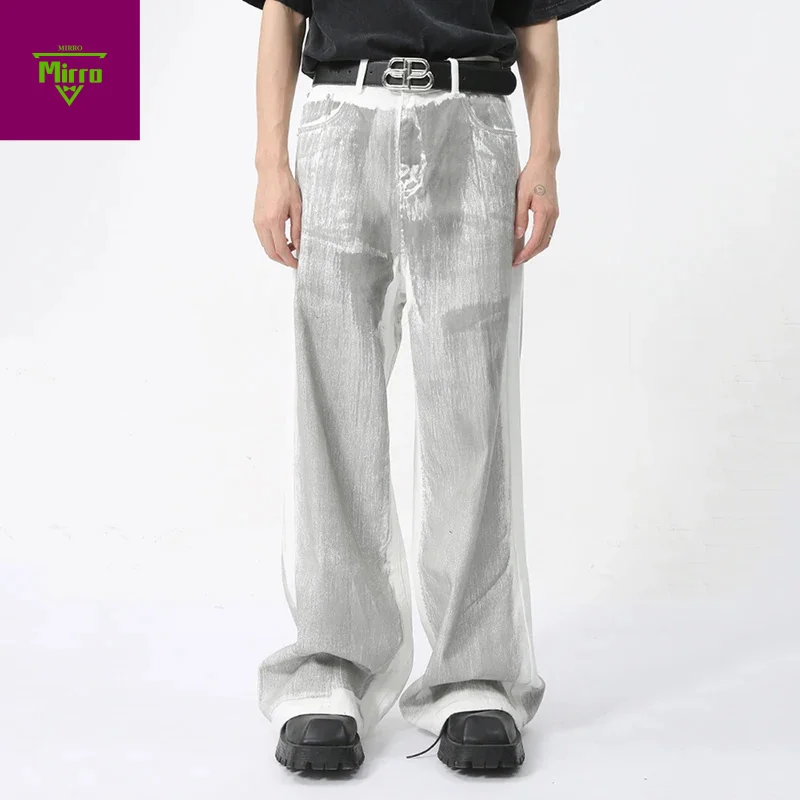 

Men's White Baggy Jeans Dirty Printed Grunge Y2K Loose Straight Denim Pants Harajuku Oversized Streetwear Jeans Trousers Male