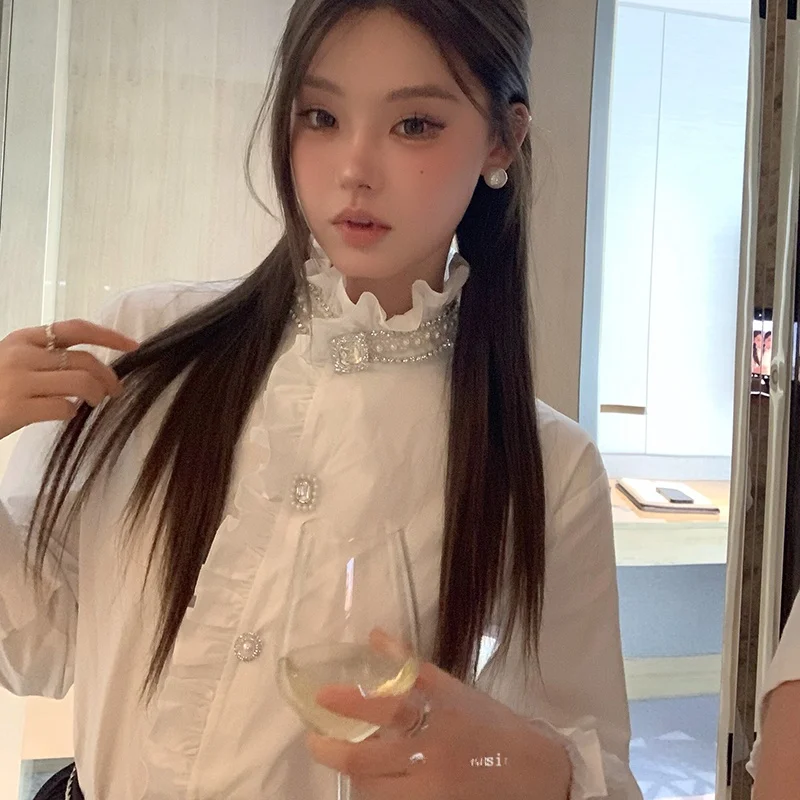 

FanyFloss French Sle Loose Fit Diamond Embellied Bubble Sve Stand Collar Women's irt with Lace Trim And Bead Detail