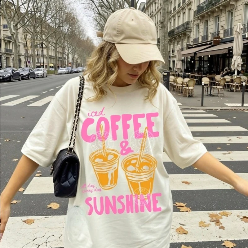 And Sunshine Iced Coffee Shirt Lover Gifts Summer Vibes TShirt  Retro Cartoon Drink Comfort Casual Graphic Tee or Sunny Days