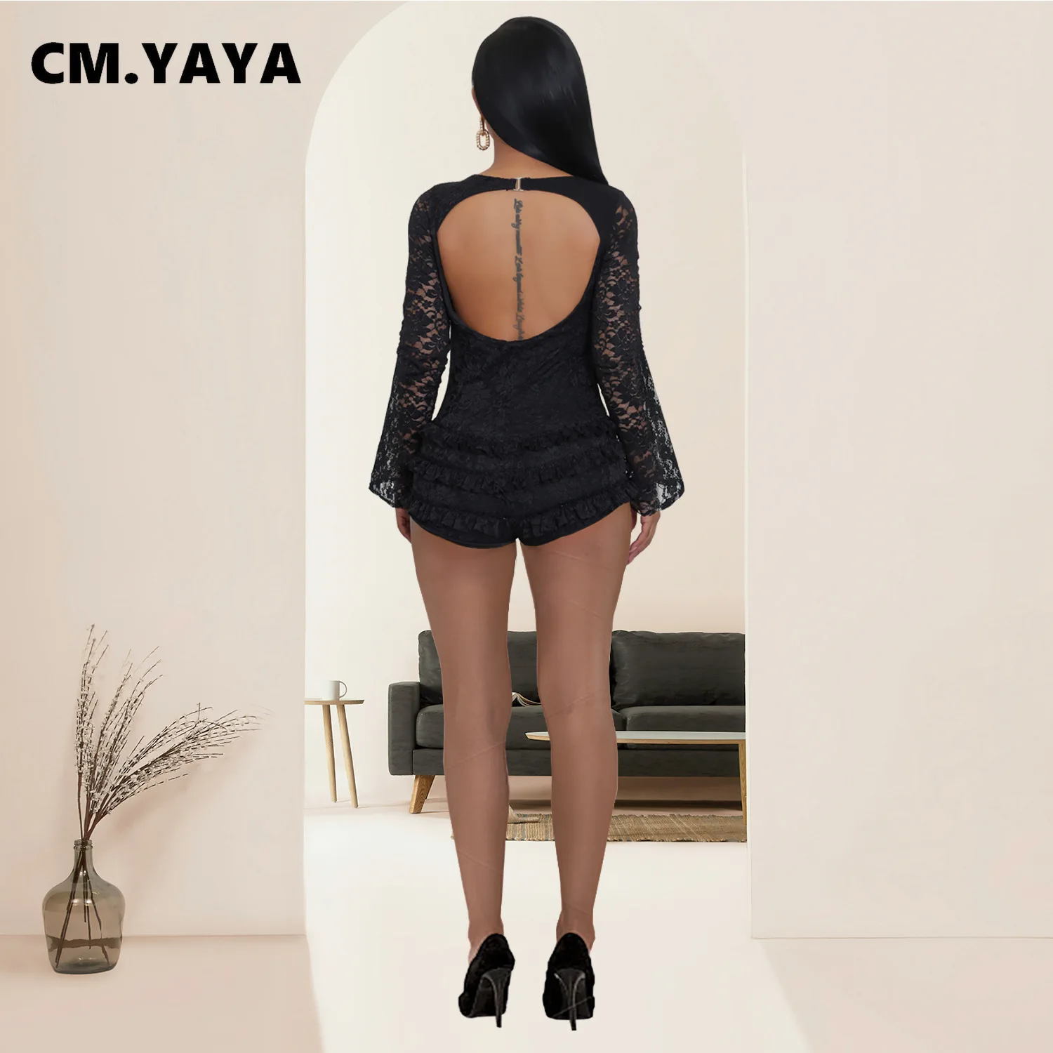 CM.YAYA 2025 Women U-Neck Lace See Through Long Sleeve Ruffles Playsuits Jumpsuit Sexy Night Club Party One Piece Romper Outfits