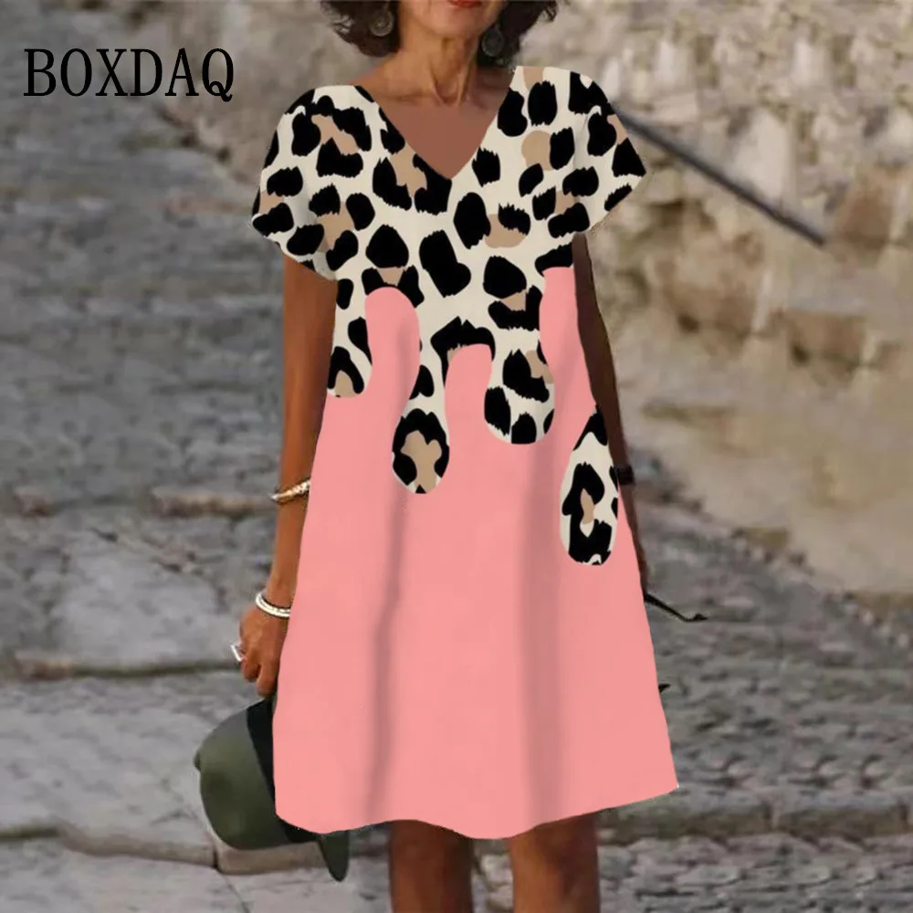 Fashion Ladies A-Line Dress V-Neck Short Sleeves New Dress Knee Length Loose Basic Painted Leopard Print Boho Women Dress Summer