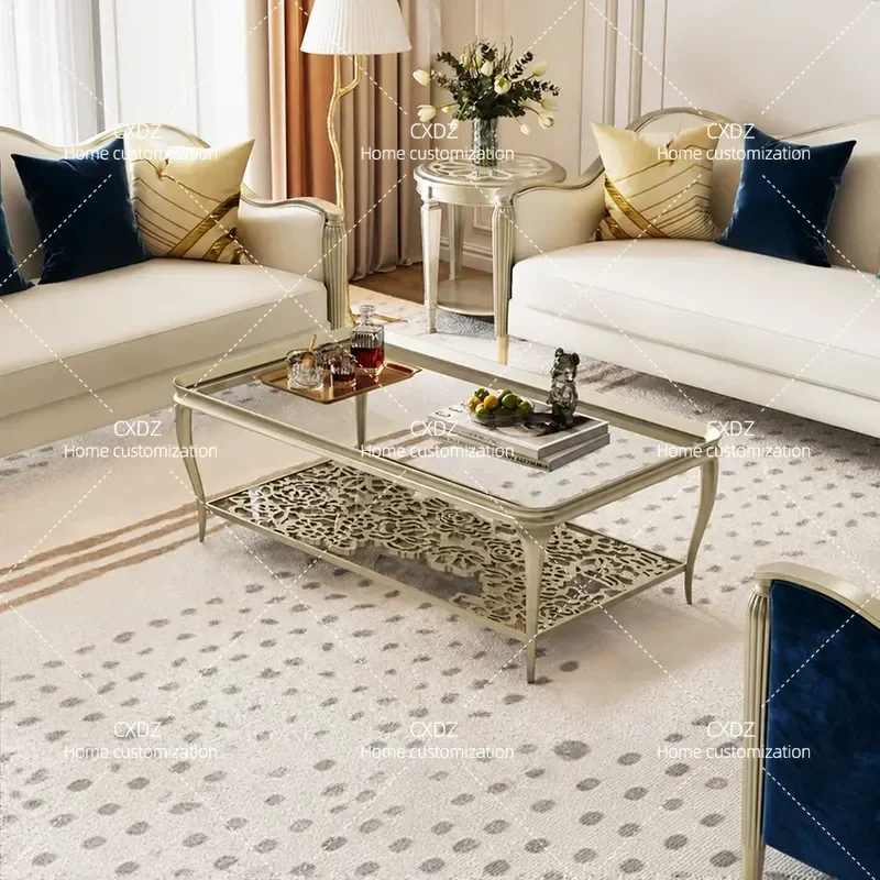 Rectangular Solid Wood Coffee Table with Hollow Glass Top Simple Cream Style Light Luxury Tea Table for Living Room Furniture