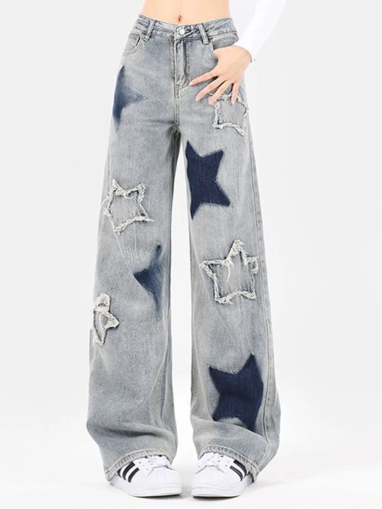 

Autumn Streetwear Vintage Wide Leg Jeans Women Korean Fashion Stright Casual Pants Female Bule Elegant Star Denim Pants 2023 New