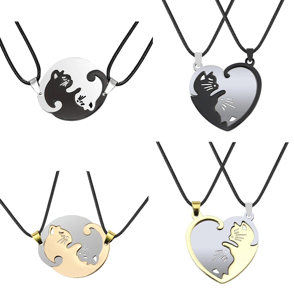 2 Pcs/set Cute Black And White Cat Pendant Stainless Steel Cat Embrace Couple Necklace Jewelry Gift For Men And Women Pendant