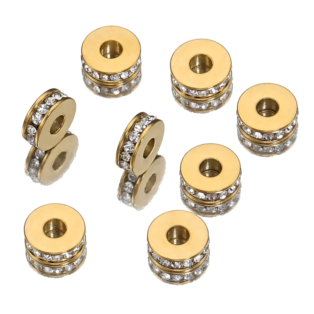 10pcs Stainless Steel Rhinestone Beads 7mm Flat Round Crystal Rondelle Spacer Bead for Jewelry Making DIY Bracelet Necklace