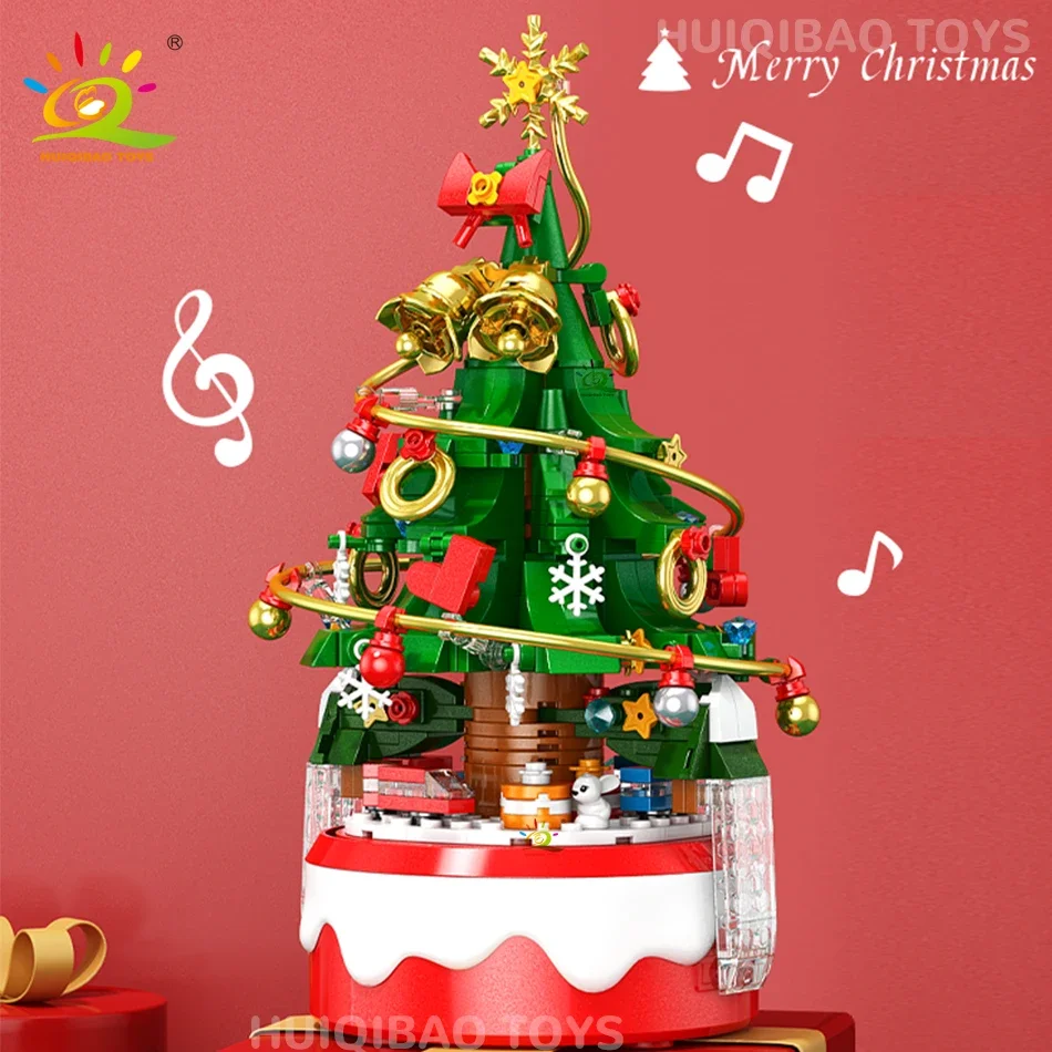 HUIQIBAO Minium Christmas Tree Music Box Model Bricks DIY Santa Claus Building Blocks Kit Toy Educational Gift For Children