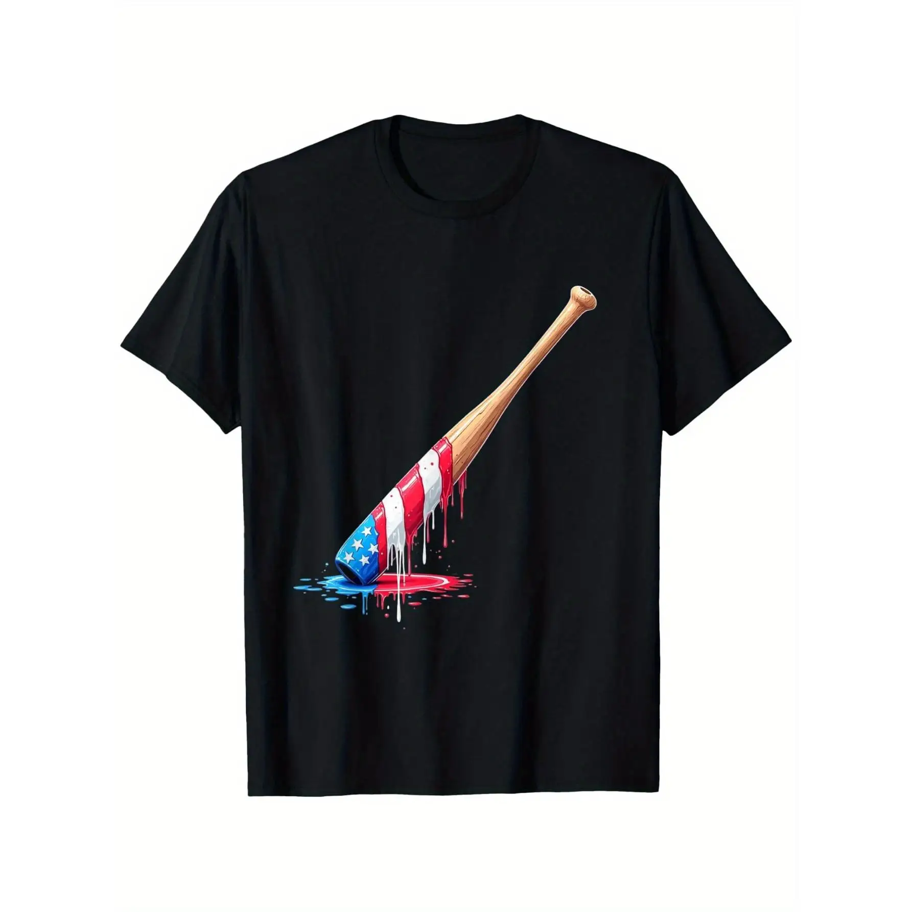 

Vintage American Flag Baseball Bat Drip Paint Men's T-Shirt Summer Streetwear Casual Hip Hop Top for Dad and Brother