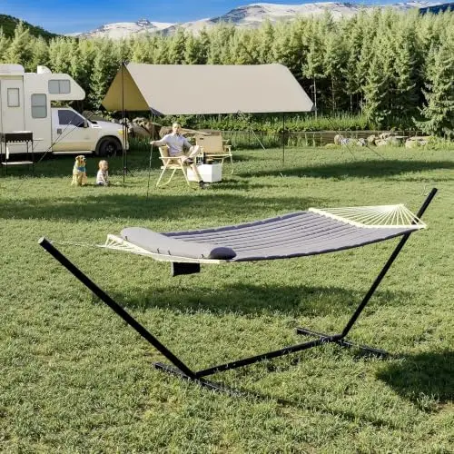 2 Person Outdoor Hammock with Stand, 450 LBS Heavy Duty Anti-Tipping Frame with Balance Rope, Rainproof & Quick Dry for