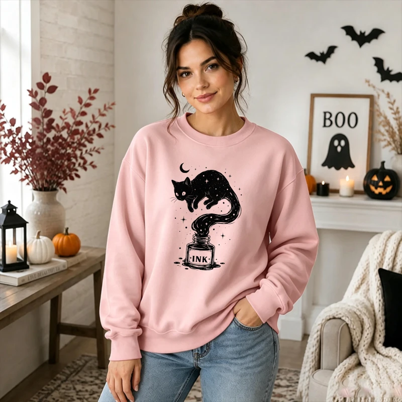 Mystical Ink Bottle Magic Cat Moon Star Celestial Witchy Gothic White Graphic Print Pullover Long Sleeve Casual Loose Streetwear